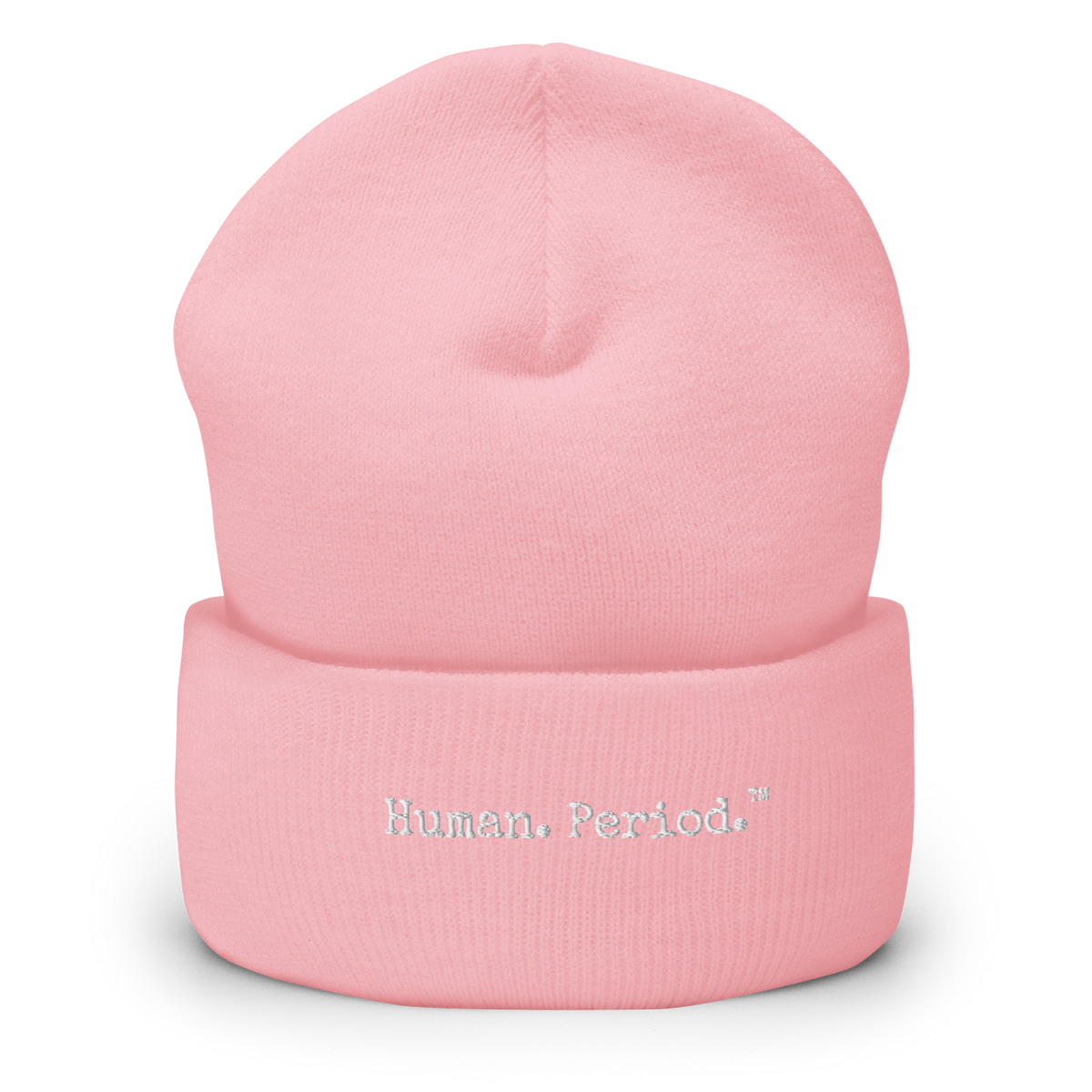 pink beanie with Human. Period. logo