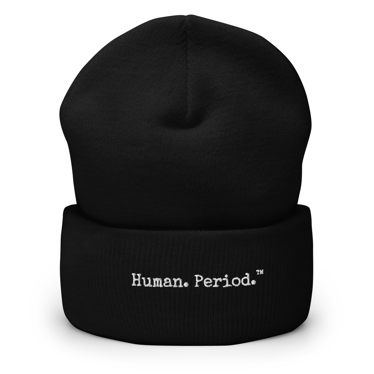 Product mockup: black beanie with Human. Period. logo