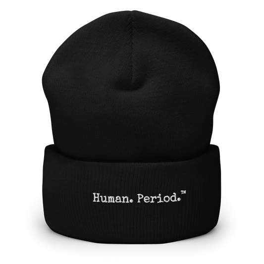 Product mockup: black beanie with Human. Period. logo