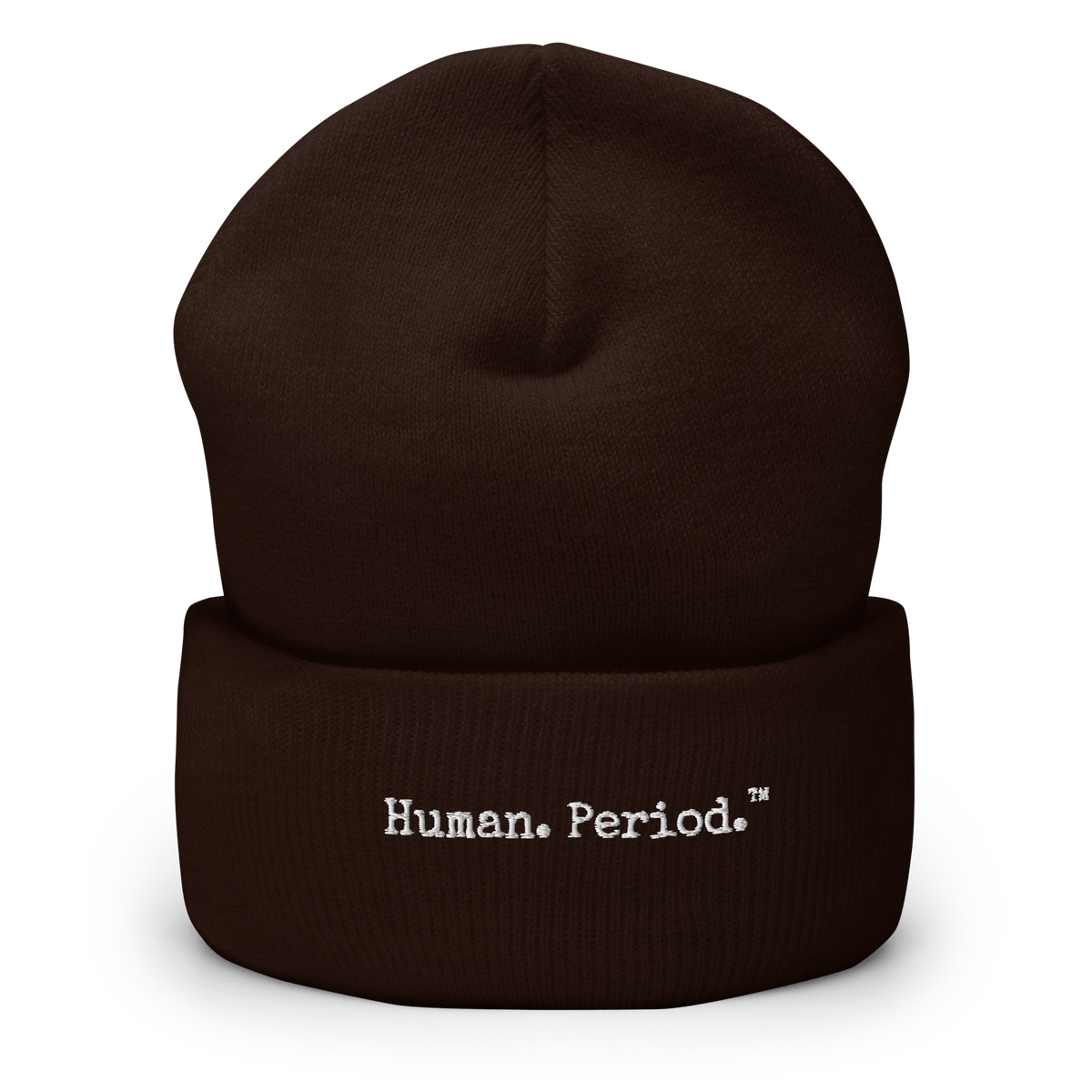 brown beanie with Human. Period. logo