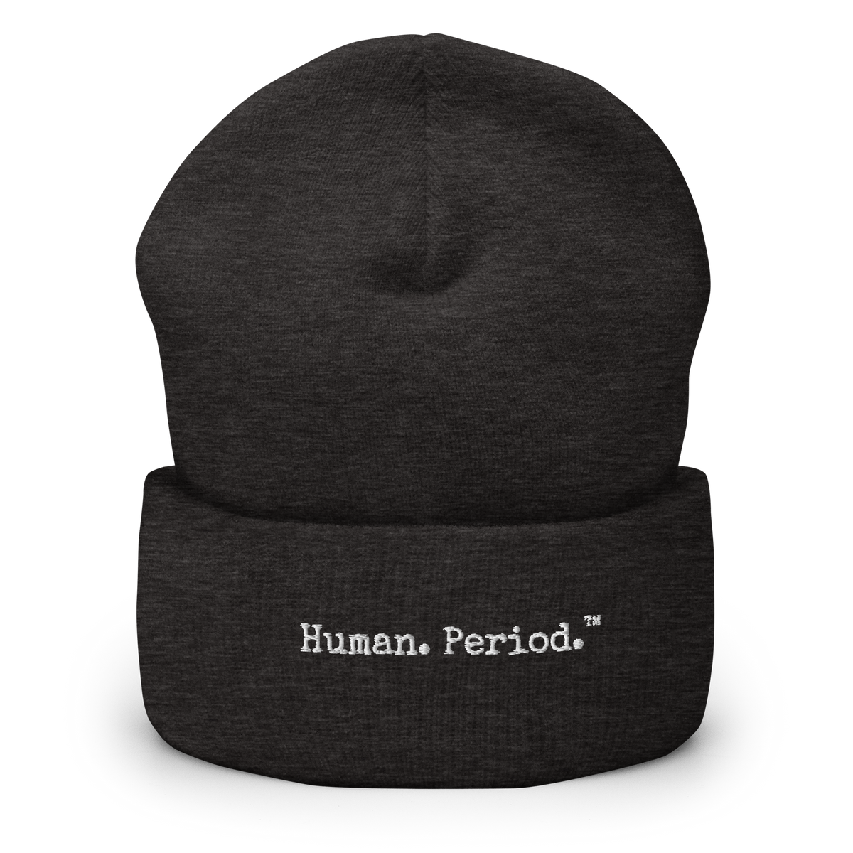 gray beanie with Human. Period. logo