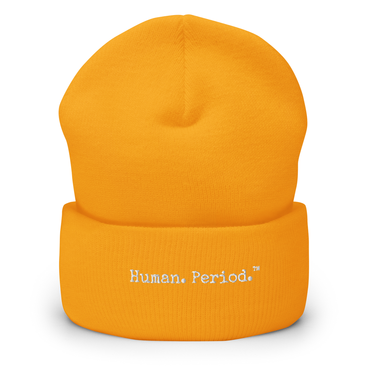 yellow beanie with Human. Period. logo