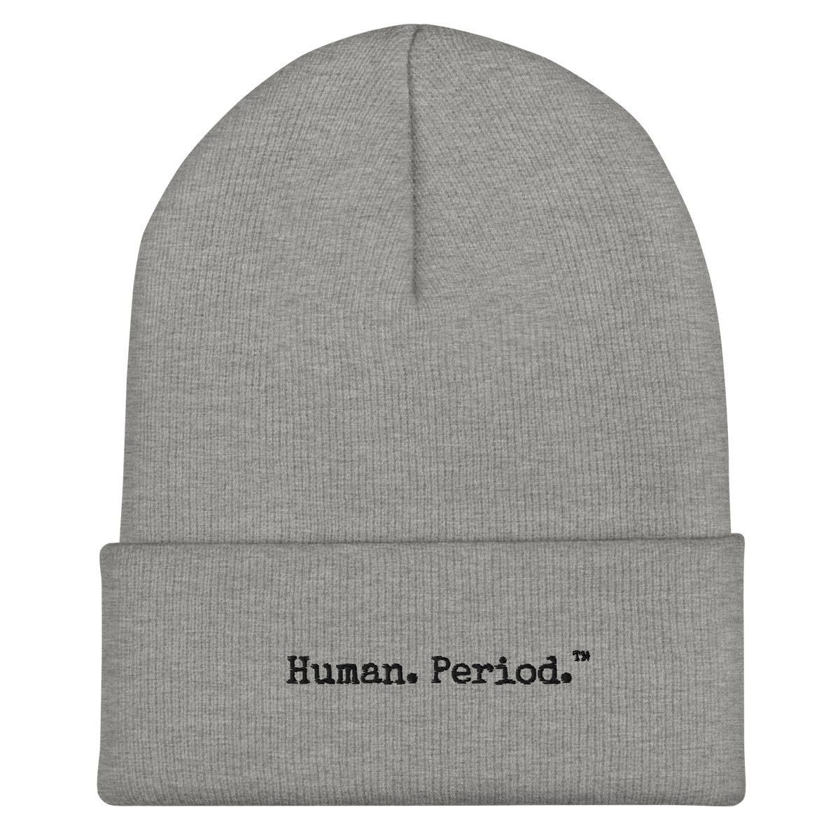 Product mockup: gray beanie with Human.Period logo