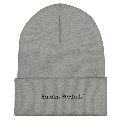 Product mockup: gray beanie with Human.Period logo