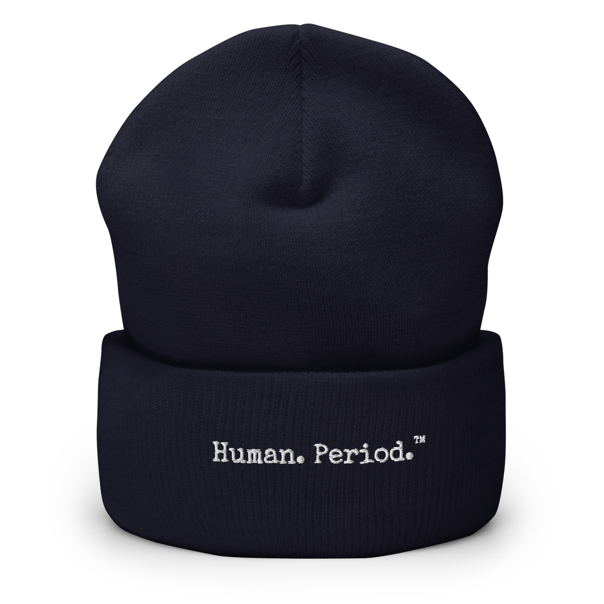 navy beanie with Human. Period. logo