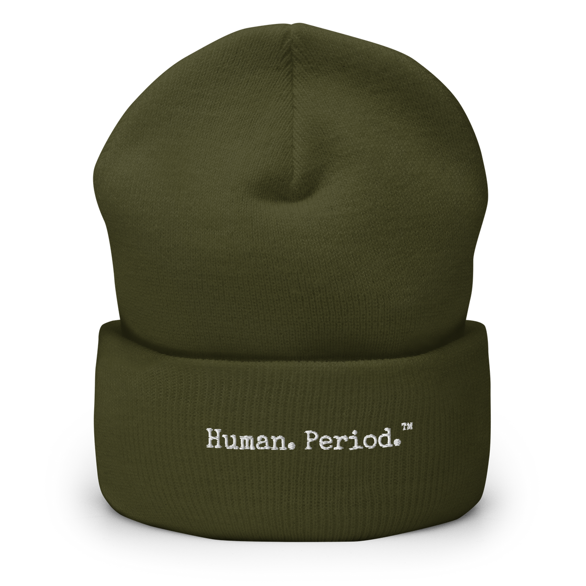 forest green beanie with Human. Period. logo