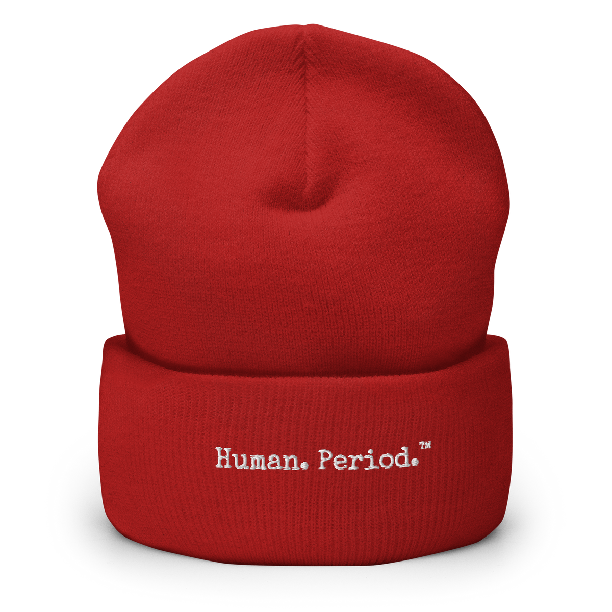 Product mockup: red beanie with Human. Period. logo