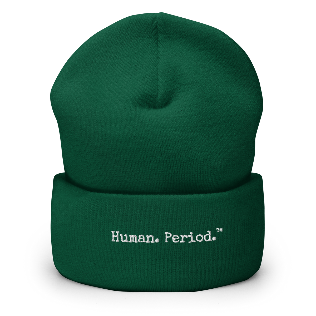 green beanie with Human. Period. logo
