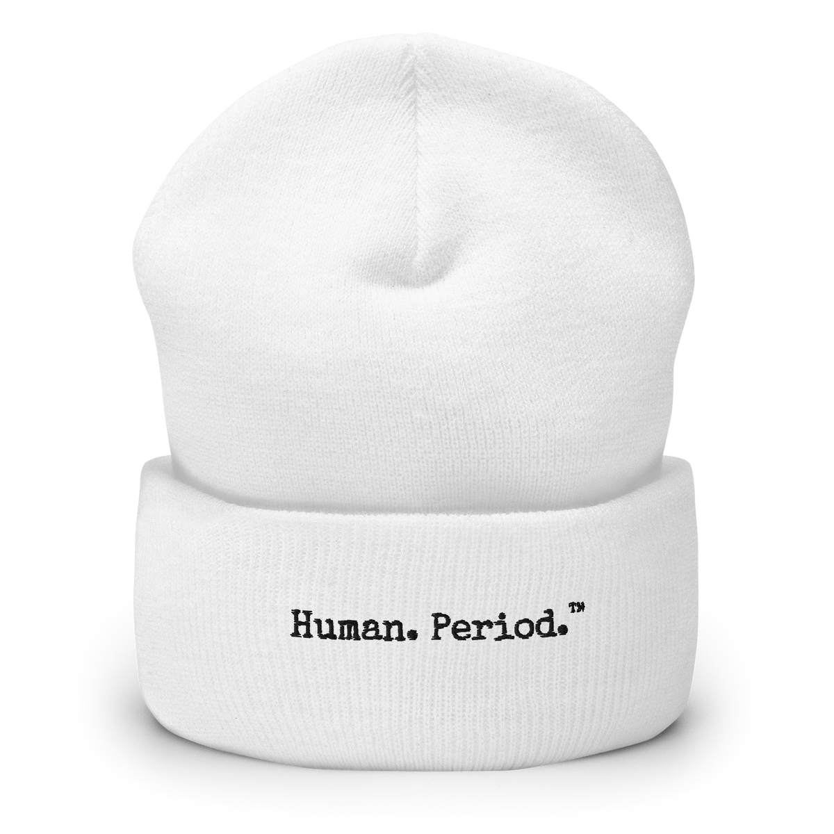Product mockup: white beanie with Human.Period logo
