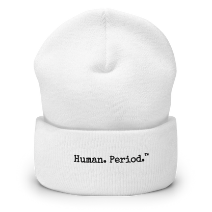 Product mockup: white beanie with Human.Period logo