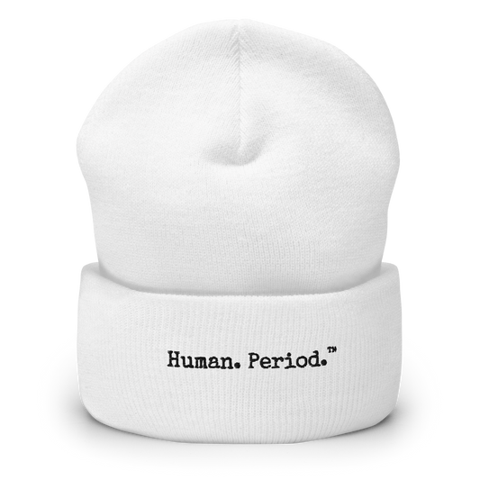 Product mockup: white beanie with Human.Period logo