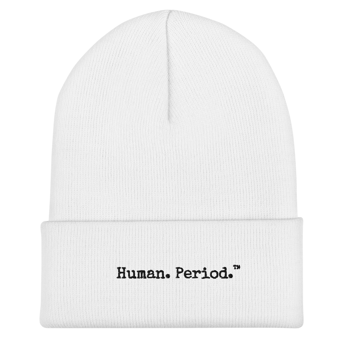 Product mockup: white beanie with Human.Period logo