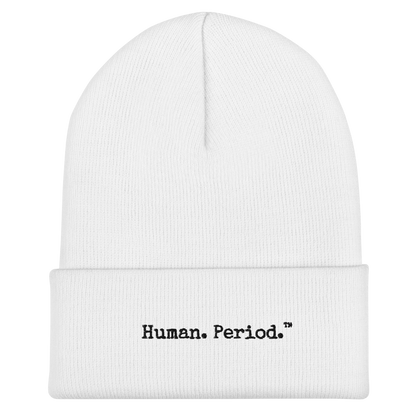 Product mockup: white beanie with Human.Period logo